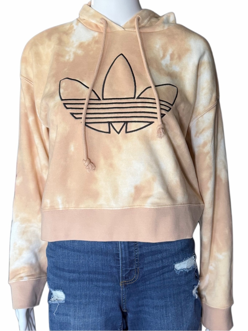 Adidas Originals Tie Dye Cropped Hoodie Trefoil Logo Peach Cream XS